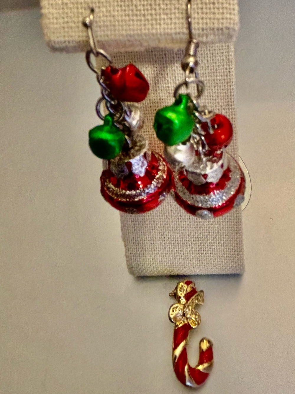 Set of Christmas Jingle bell Dangle Earrings & Candy Cane brooch